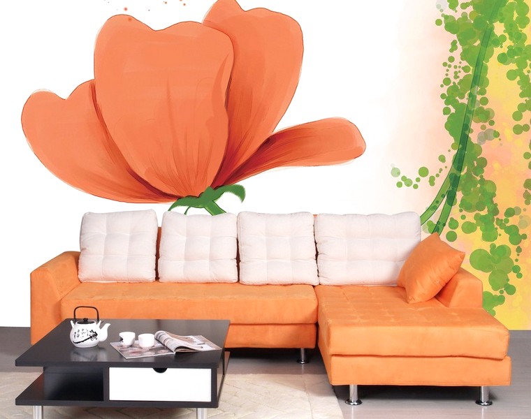 Brilian Ide Desain Wallpaper Dinding Ruang Tamu Minimalis Motif 3D Bunga Warna Orange Elegan Mempesona Cantik Mewah Terbaru