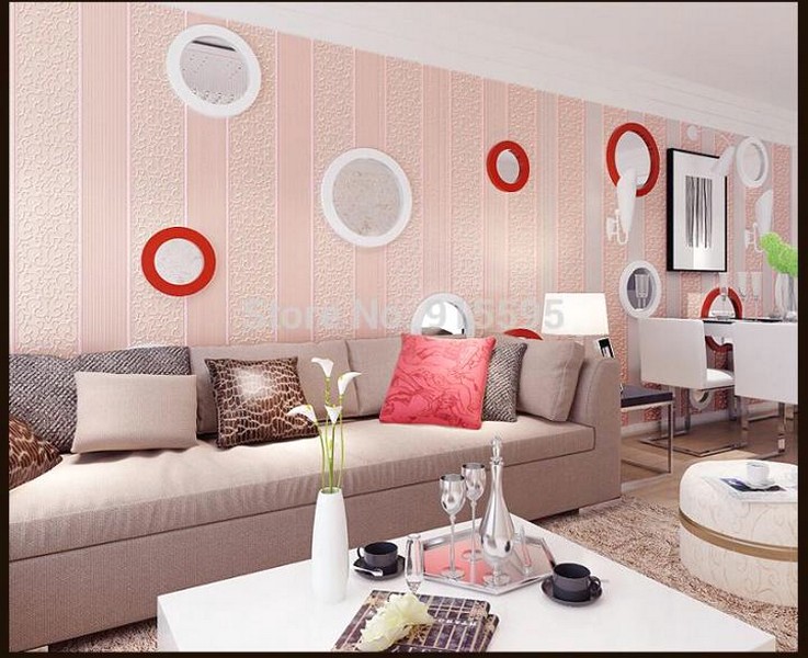 Desain Wallpaper Dinding Ruang Tamu Pink Motif Lingkaran Indah Nyaman Elegan Mempesona Mewah Terbaru