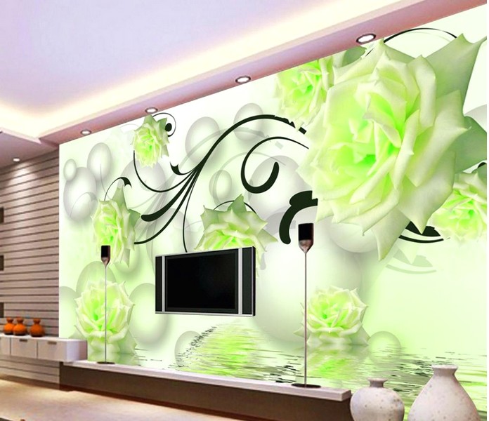 Ide Brilian Desain Wallpaper Dinding Ruang Tamu Minimalis Motif 3D Bunga Mawar Warna Hijau Elegan Mewah Nyaman Asri Modern Terbaru