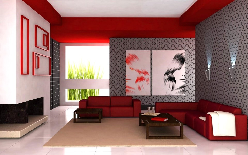 Ide Desain Wallpaper Dinding Ruang Tamu Minimalis Motif Modern Elegan Indah Warna Merah Abu-Abu