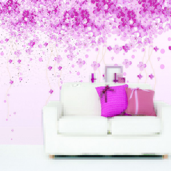 Mempesona Ide Desain Wallpaper Dinding Ruang Tamu Minimalis Motif Bunga Warna Pink Ungu Elegan Mewah Nyaman Modern Terbaru