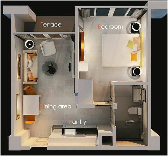 Contoh Gambar Denah Rumah 1 Kamar Tidur Minimalis 3D