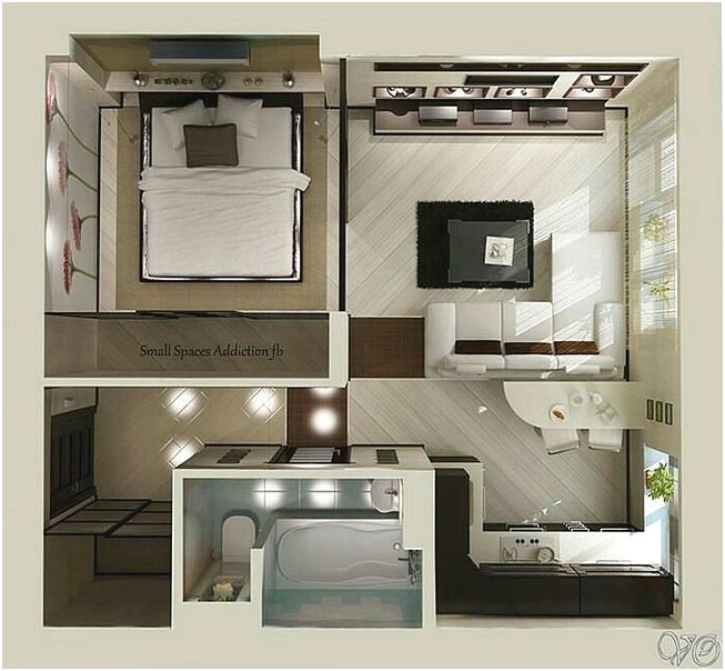 Desain Denah Rumah Minimalis 1 Kamar Tidur 3D