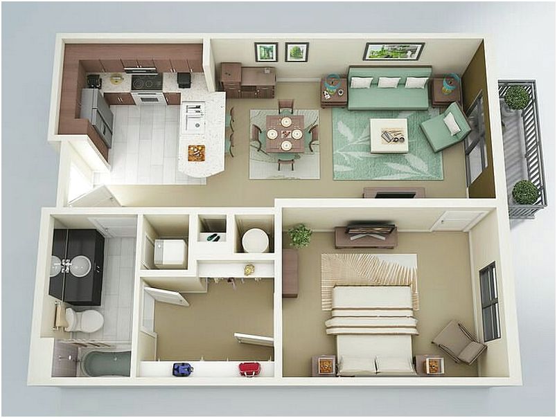 Contoh Gambar Denah Rumah 1 Kamar Tidur 3D