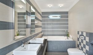 Modern Bathroom In Blue And Gray Tones With Mosaic