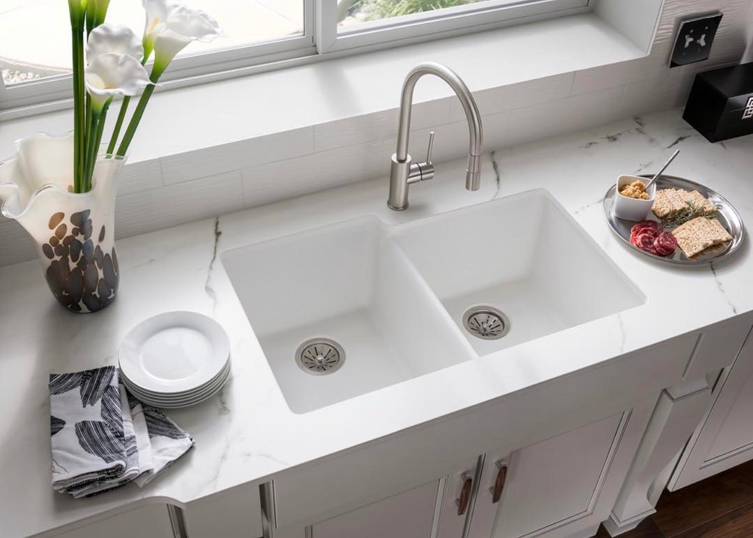 white porcelain undermount double kitchen sink